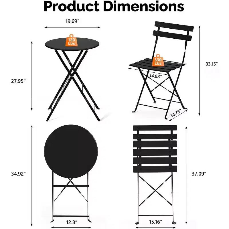 VINGLI Outdoor Folding Bistro Table and Chairs Set of 2, 3-Piece Bistro Set with Premium Steel Frame for Patio, Balcony, Garden