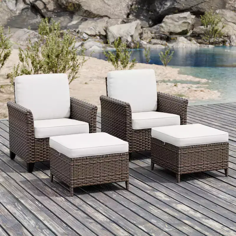 EAGLE PEAK Ocean Vista 4 piece Wicker Outdoor Patio Seating Set, Variated Wicker Conversation Dining Chairs Set with Cushions