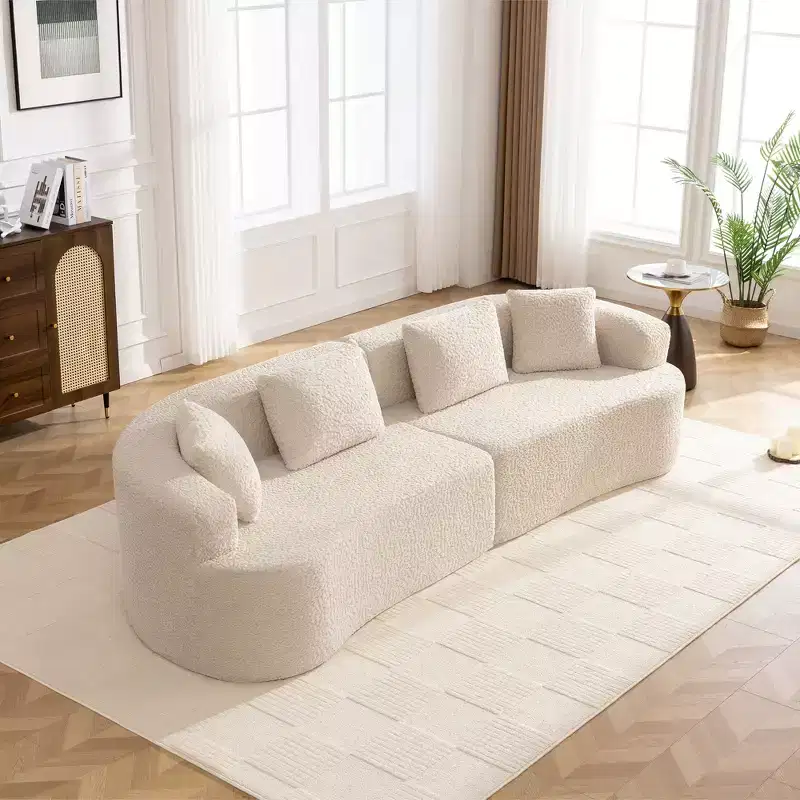 KERDOM Curved Back Teddy Bear Fabric Sofa with Comfy Seat Cushion and 3 pillows, Suitable For Living room