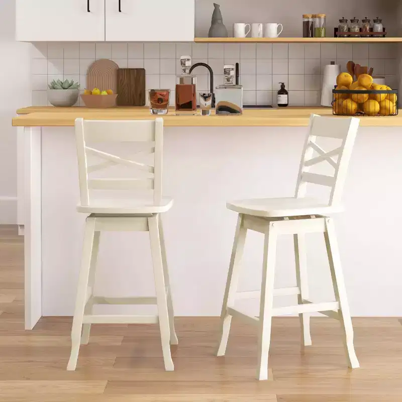 Costway 2 PCS 24/30 Counter/Bar Height Stool Rubber Wood Swivel Bar Stool with Inclined Backrest Cream