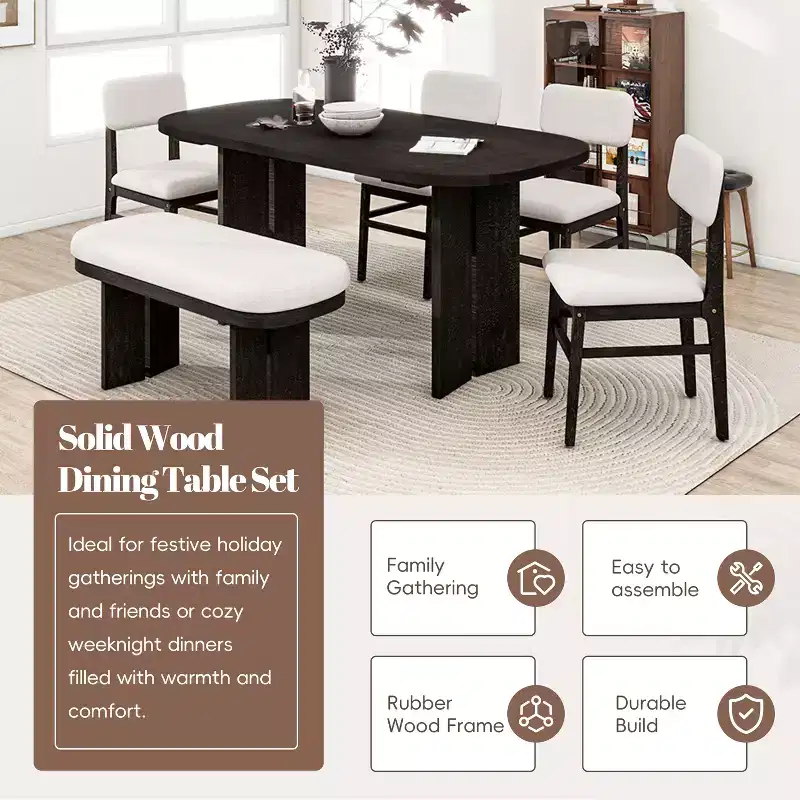 Solid Wood Dining Table Set with Bench for 5, 6 Pieces Upholstered Rectangular Dining Room Table Set with 4 Chairs & Bench