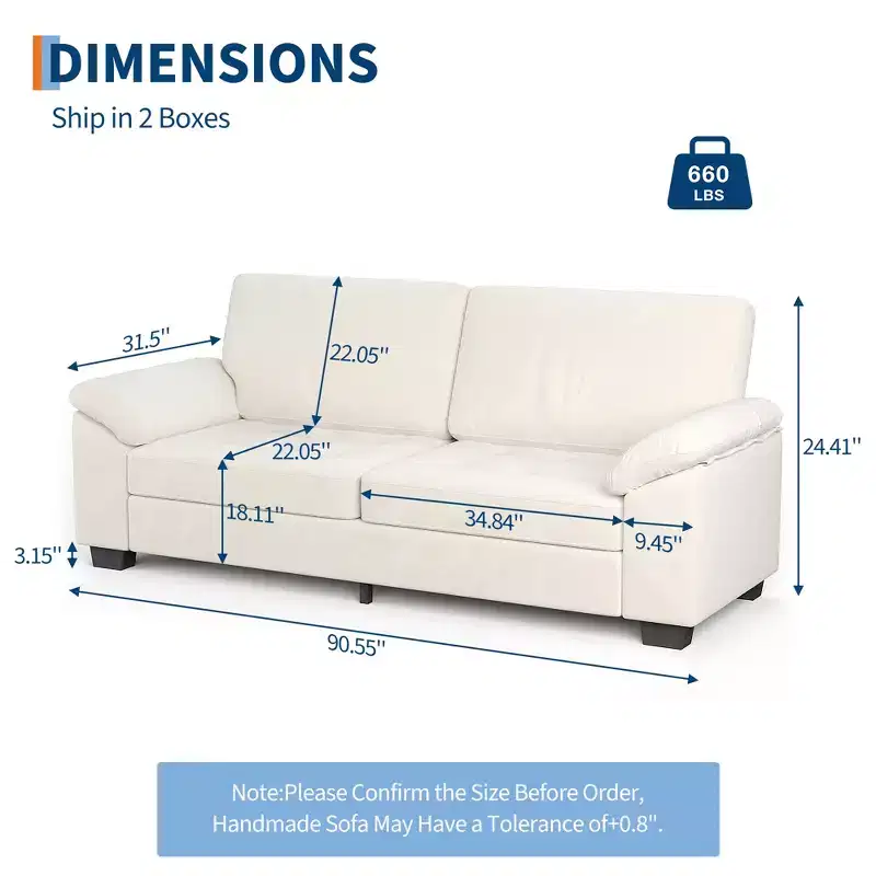 90 3 Seater Sofa, Velvet Upholstered Oversized Loveseat, Comfy Button Tufted Couch, Soft Spacious Armrests, for Living Room, Bedroom