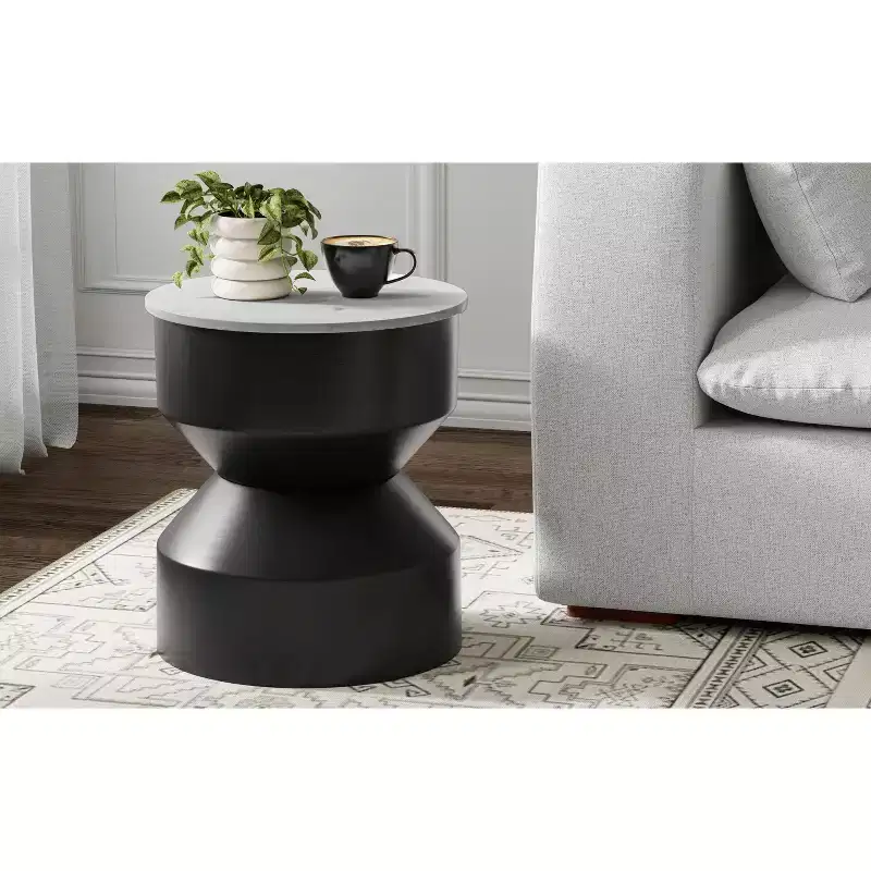 16 inch Wide Genuine Marble Top Modern Metal End Table in Black/White, Assembled