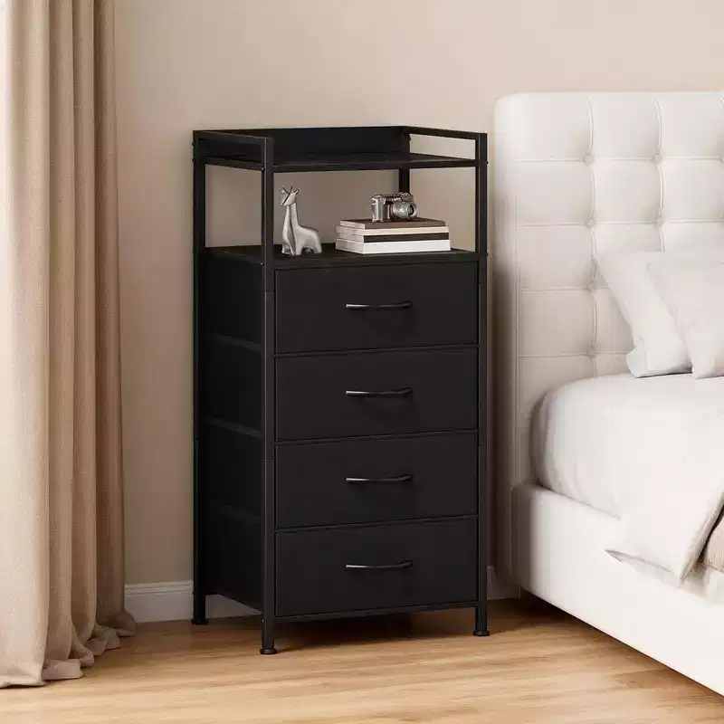 Fabric Chest of Drawers Bedroom 4 Drawers Storage Unit with Sturdy Steel Frame, Dresser Drawers with Open Storage Shelf Nightstand for Home, Office