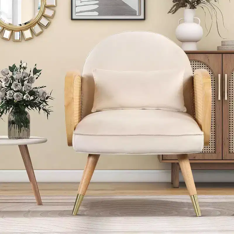 Yellow Upholstered Dining Chair with Rattan Armrests, Set of 2