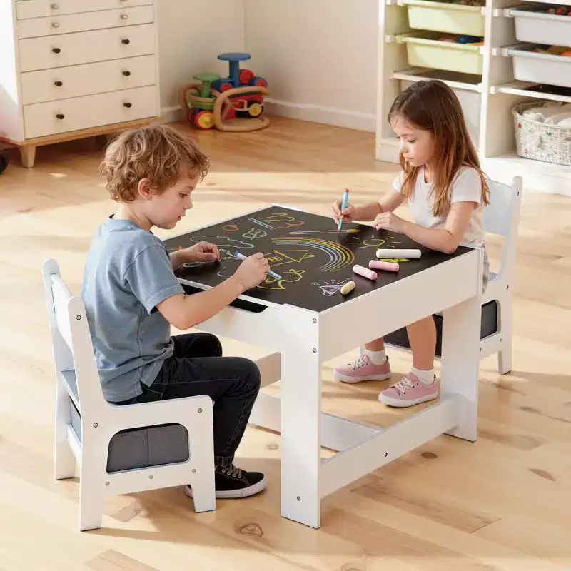 VEVOR Kids Table and 2 Chairs Set, Toddler Table and Chair Set with Storage Space under the Table, Cloth Storage Box under the Chairs, White