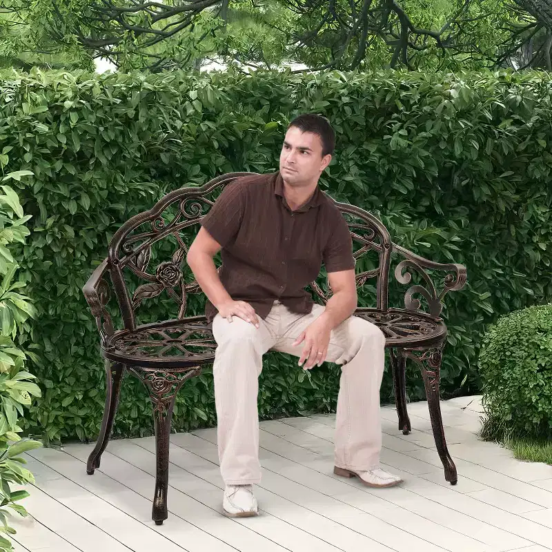 FDW Garden Bench with Intricate Rose Design Weather-Resistant Patio Yard Bench for Outdoor Seating, Bronze
