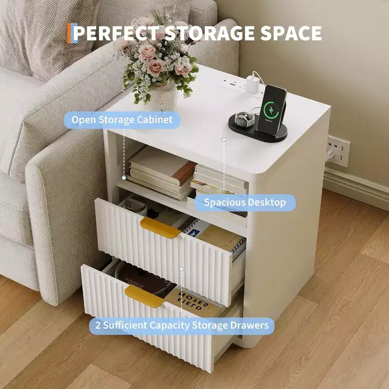 Fluted Nightstand Set of 2, Bedside Table with 2 Drawers & Open Storage Space, Modern White End Table with Metal Handles & Rounded Corners