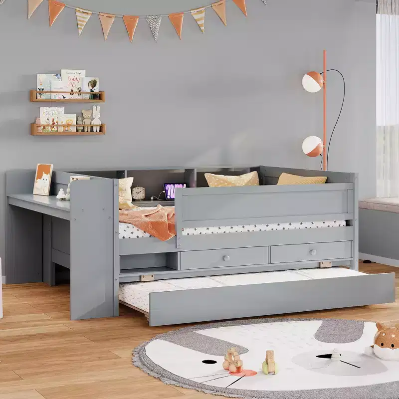 Multi-Functional Twin Daybed with Drawers and Trundle, Headboard Storage and Tables, USB Charging Station