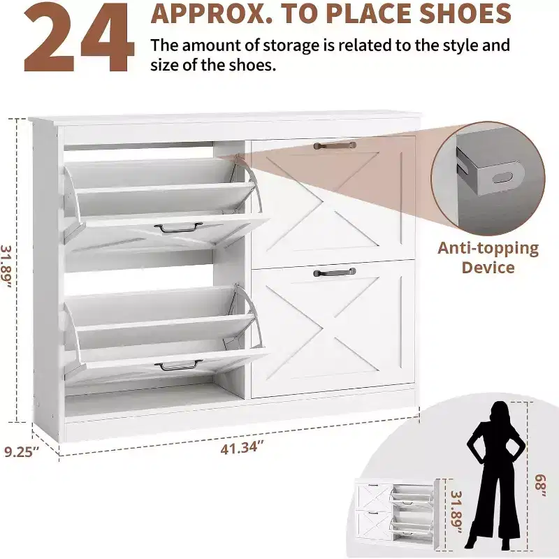 GustoWave 4 Turn Drawers Rattan Entryway Shoe Storage Cabinet, Freestanding Organizer, White