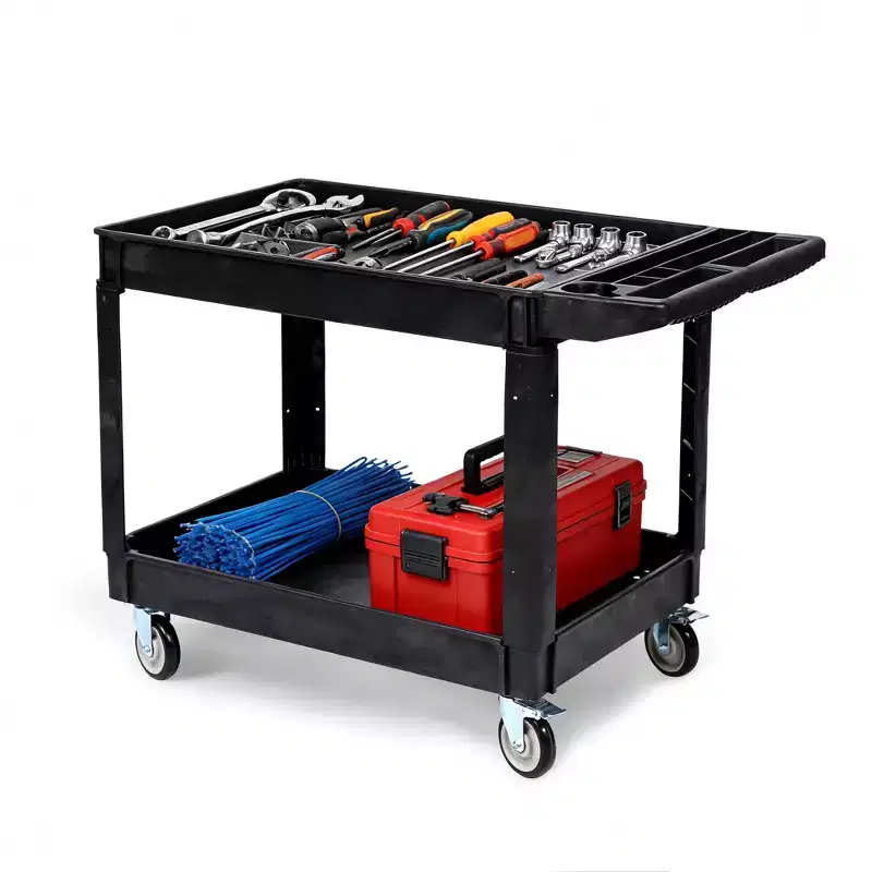 2-Tier Rolling Utility Service Cart with 360 Swivel Wheels & Brakes, 550LBS, Ergonomic Storage Handle for Warehouse/Garage/Cleaning, 46*25 in
