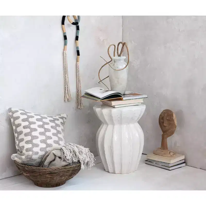Storied Home Elegant Round Sculpted Stoneware Accent Table White: 19.75" High, No Assembly, Novelty Shape