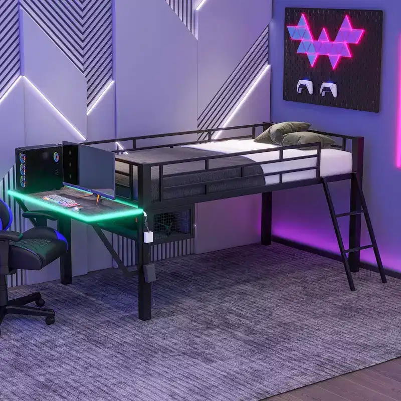 Full/Twin Size Metal Gaming Loft Bed with Desk, Storage Shelves and LED Light, Black