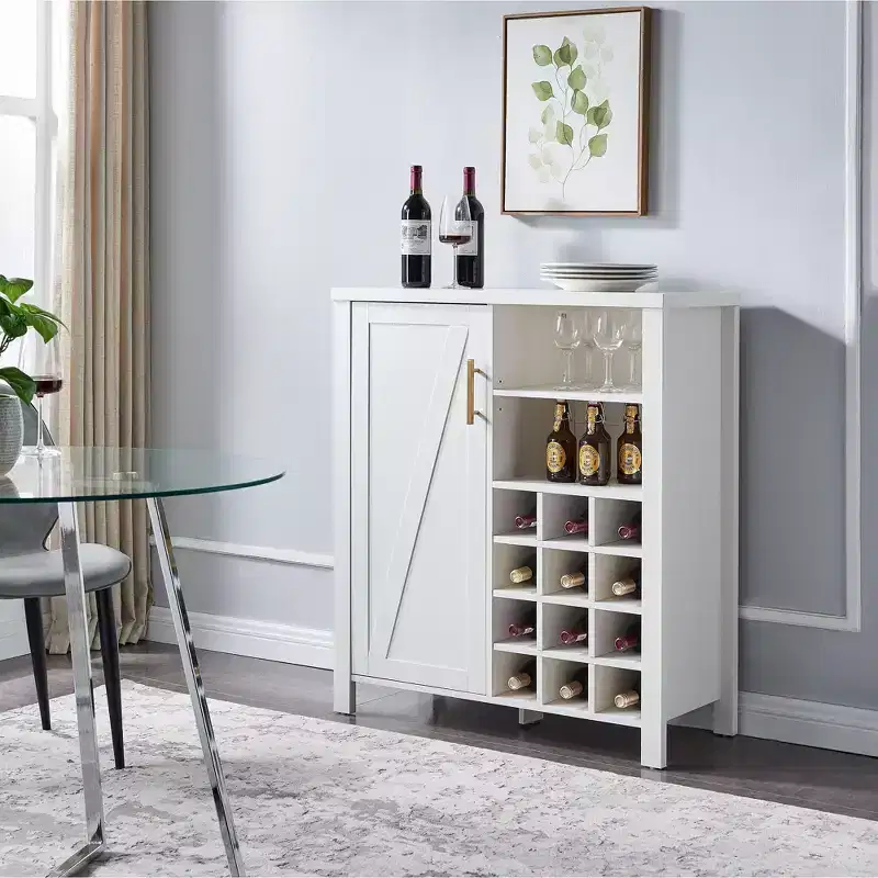 Farmhouse Sideboard Buffet Wine Bar Cabinet with 12-Bottle Rack & Gold Handle, Black & Walnut