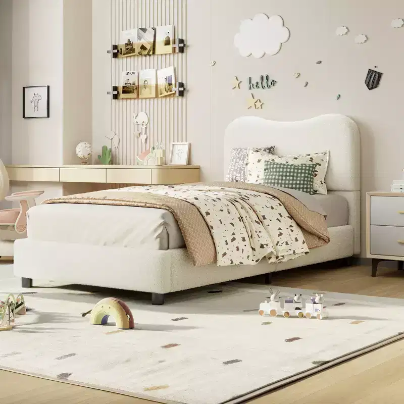 Velvet Upholstered Kids Bed Frame with Headboard - Low Profile Platform Bed for Teens, No Box Spring Needed, Cozy Fabric, Quiet & Easy Assembly