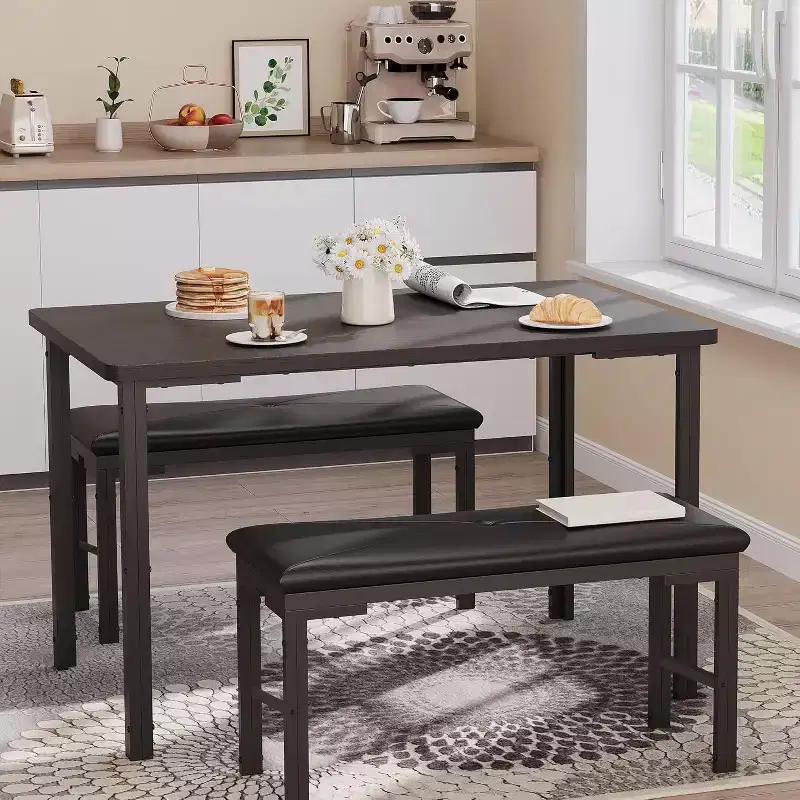 Dining Table Set for 4, 3-Piece Kitchen Table with 2 Upholstered Benches, Space-Saving Dinette for Dining Room, Apartment, Small Space