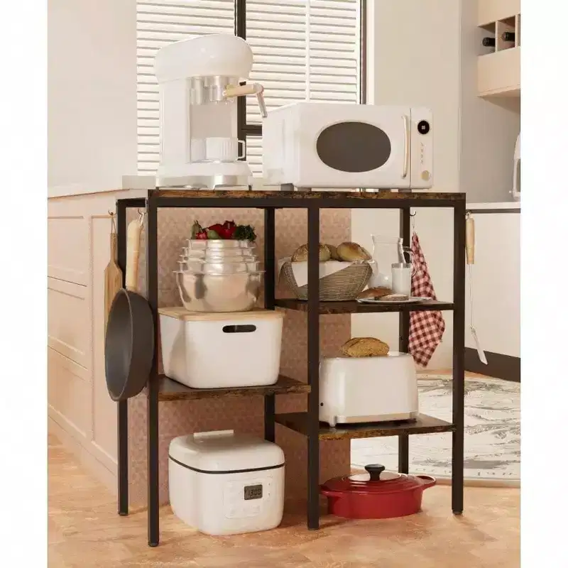 4 - Tier Kitchen Microwave Oven Stand Adjustable Coffee Bar Station Small Appliance Baker's Rack with 4 Hooks 5 Storage