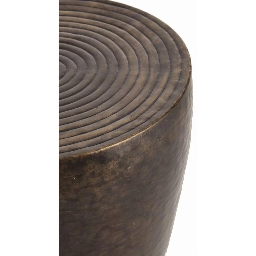 Industrial Iron Side Table with Round Drum Top & Antique Bronze Repousse Detail for Living Room
