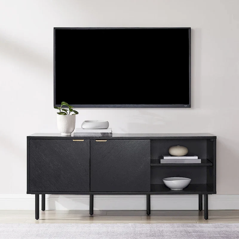 Black Oak Chevron Record Storage Sideboard with Brass Handles