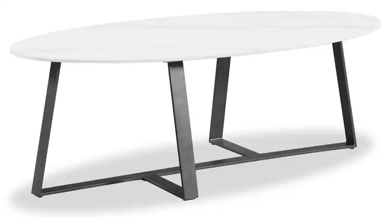 . 51 Modern Oval Coffee Table - White Sinetered Stone with Dark Grey Metal Legs