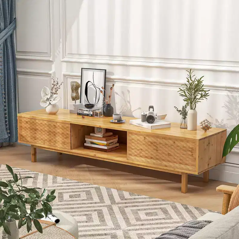 Costway 63 Bamboo TV Stand with 3 Storage Cubes Sliding Doors Mid Century Storage Cabinet