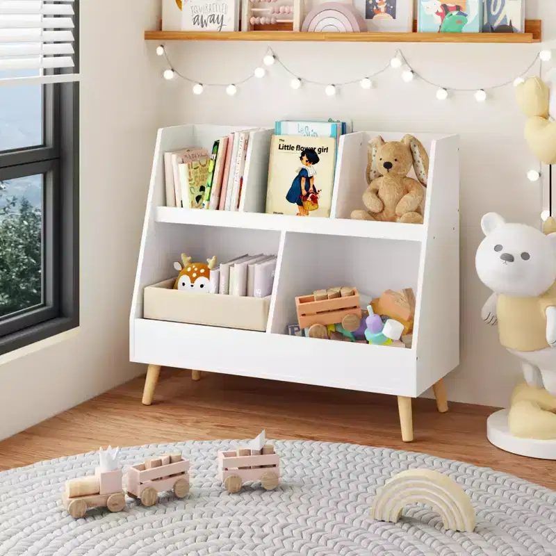 VIYET 28 Kids 5-Cubby Bookshelf Toy Organizer,White Wooden 2-Tier Storage Rack w/ Pine Legs (Anti-Tipping Nursery/Playroom Organizer)