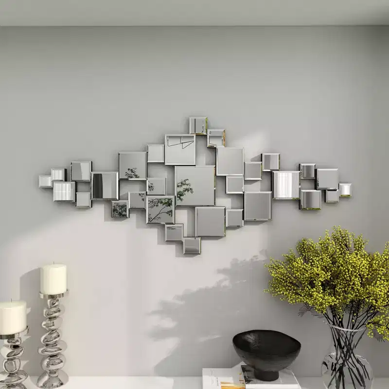 48x21 Inch Glass Geometric Room Wall Mirror with Square Mirror Panels in Silver