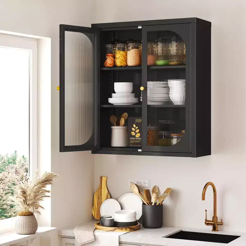 Bekrvio Bathroom Wall Mounted Cabinet with Fluted Doors, Adjustable Shelves Metal Over Toilet Glass Storage Cabinet for Kitchen, Laundry Room