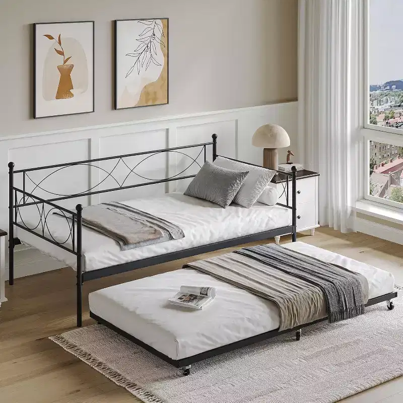 Daybed with Trundle, Twin Day Bed with Pull Out Trundle, Metal Slats Support, 2-in-1 Daybed Bed Frame for Bedroom, Living Room, Guest Room
