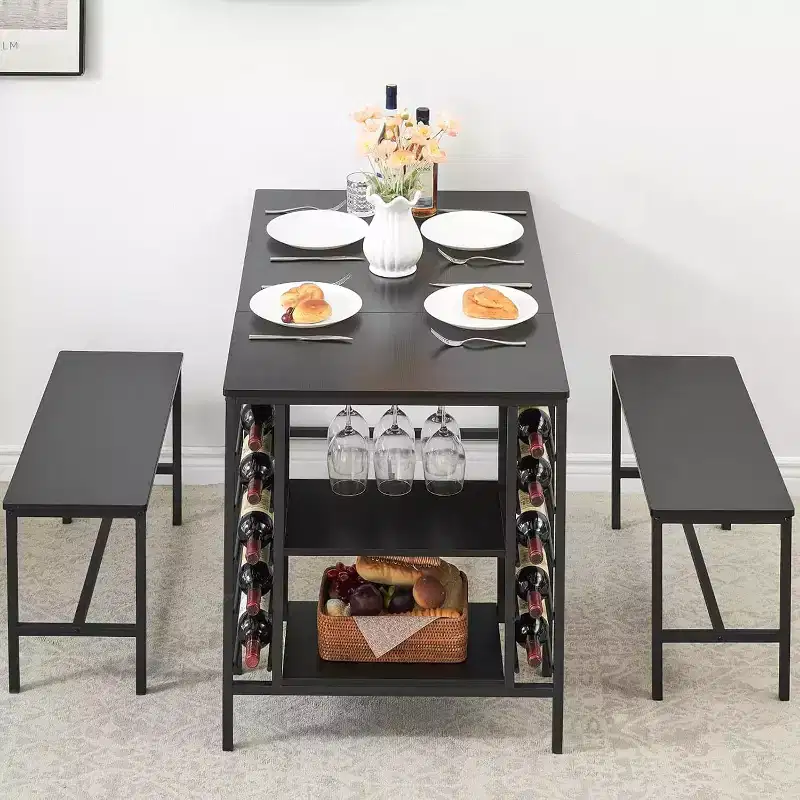 Coolmee 47 Dining Table Set for 4, 3 Pieces Kitchen Table Set with 2 Benches, Wine Rack and 2-Tier Storage Shelves, for Home