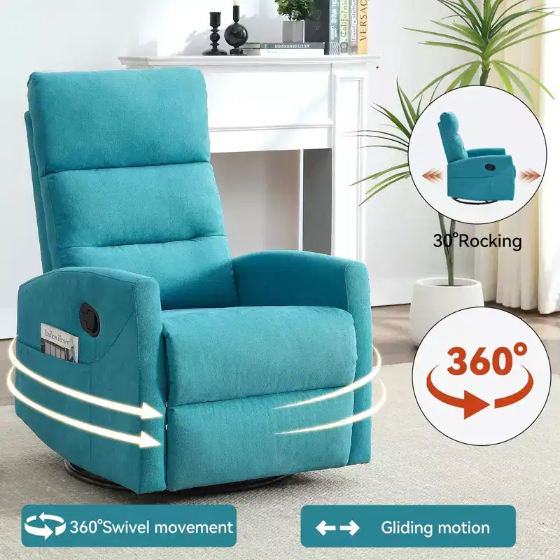 Manual Recliner Chair with Rocker and Swivel in Fabric, Upholstered Accent Chair for Living Room