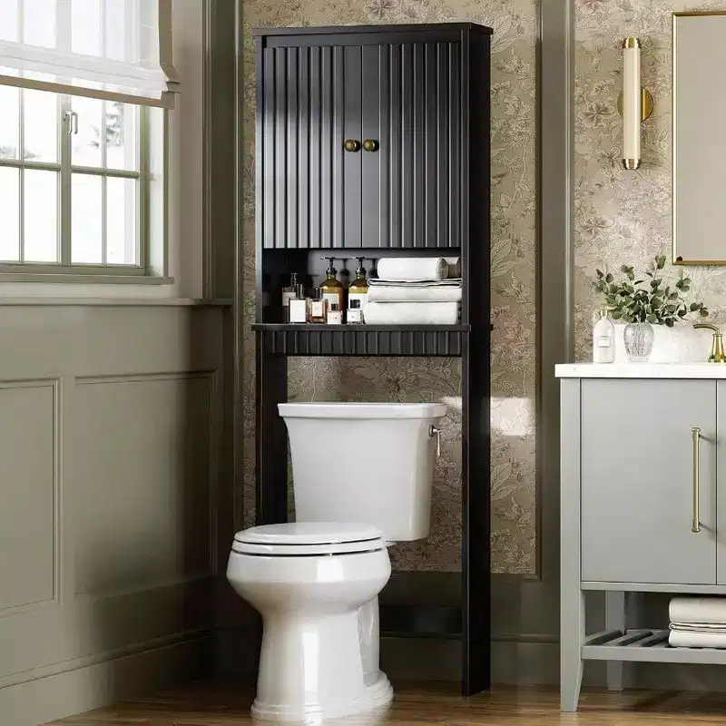 Over Toilet Storage Cabinet, Fluted Panel Doors, Soft Hinges, Black Bathroom Organizer, Space Saver Behind Toilet Rack