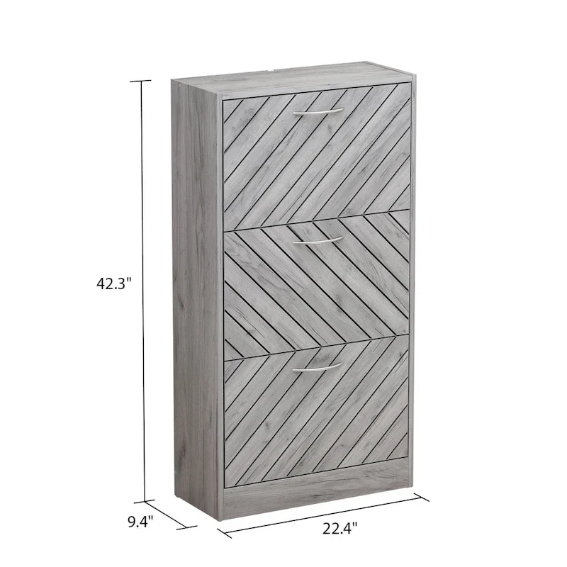 Freestanding 3-Flip-Drawer Shoe Cabinet, Grey/Oak, Holds 12–15 Pairs