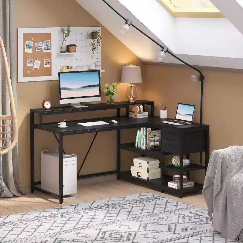 Lantine Reversible L-shaped Computer Desk with Drawer, Corner Desk Table with Storage Shelves and Monitor Stand for Home Office