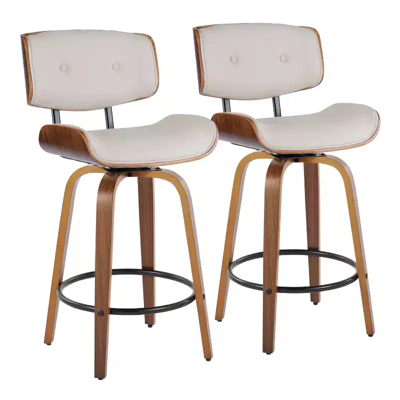 Set of 2 Lombardi Counter Height Barstools Walnut/Black/Cream PU - LumiSource: Mid-Century Modern Swivel Kitchen Chairs with Footrest