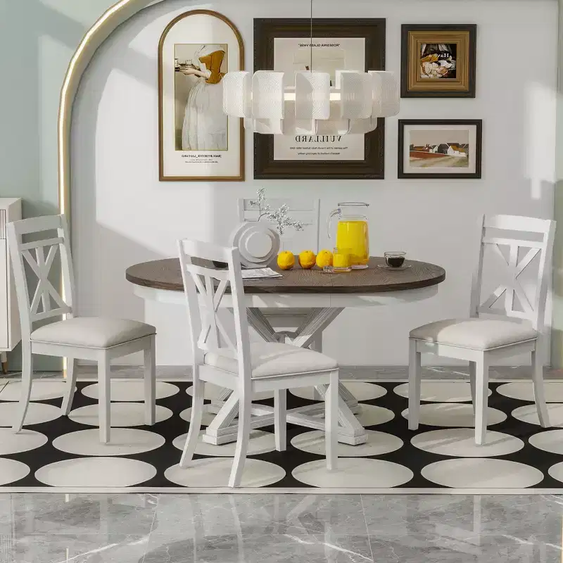 Whisen 5-Piece Extendable Wood Dining Table Set with 4-Upholstered Chairs