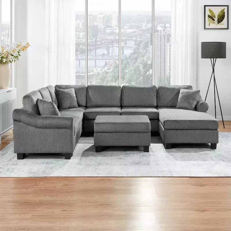 Sectional Sofa 111.8 U-shaped Sofa Chenille Upholstered Sofa Couch with Movable Storage Ottoman, Dark Gray