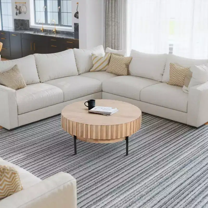 Royal Hampton, Modern Handcrafted Round Coffee Table Oak White Wood Top with Grooved Edges Black Iron Legs, 36 Inch