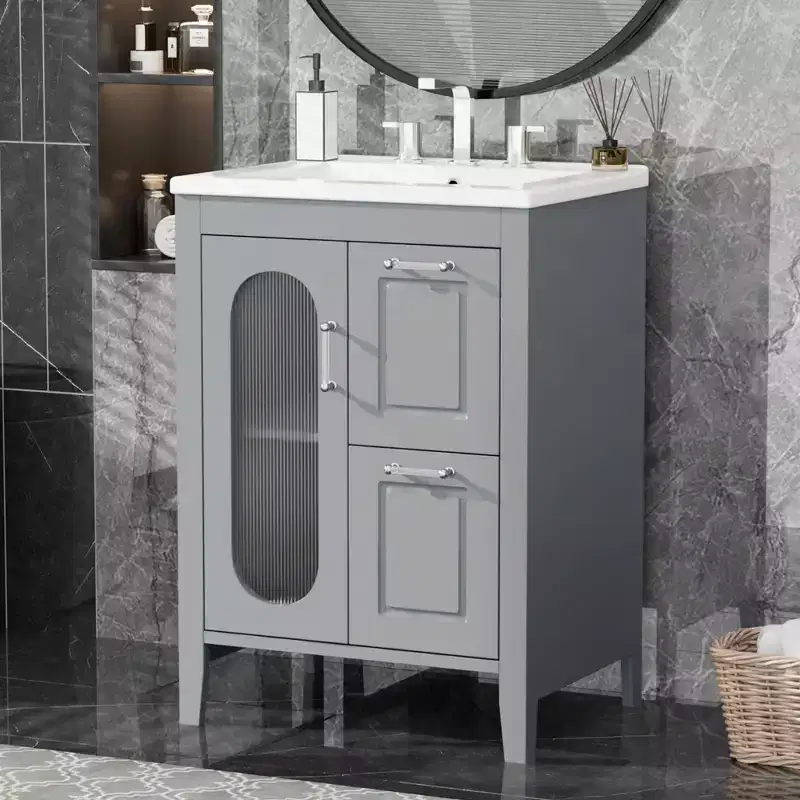MAYEERTY 24 Bathroom Vanity with Sink 2 Drawers 1 Door Adjustable Shelf Solid Wood MDF White
