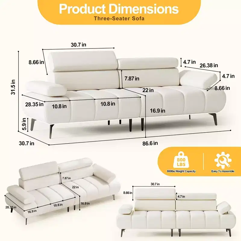 GustoWave 3 Seater Sofa Couch, 6-Level Adjustable Armrests and Headrest, Morden PU Leather Sofas with Two Independent Sofas, Beige