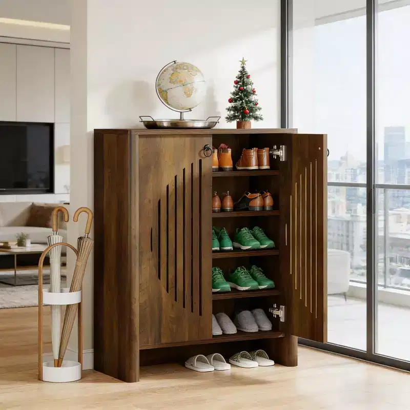 Modern 32 Inch Wooden Storage Cabinet with 2 Round Louver Doors and Removable Shelves