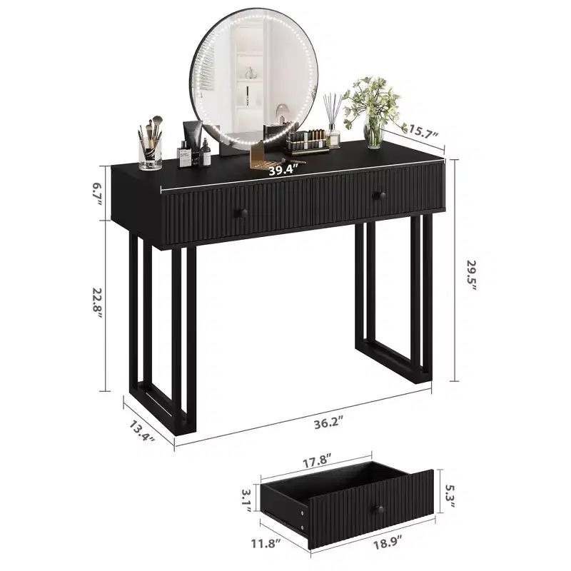 COZONY 40 Vanity Makeup Desk with HD Lighted Round Mirror, 3 Color LED Lights, 2 Drawers, Compact Dressing Table for Bedroom, Black