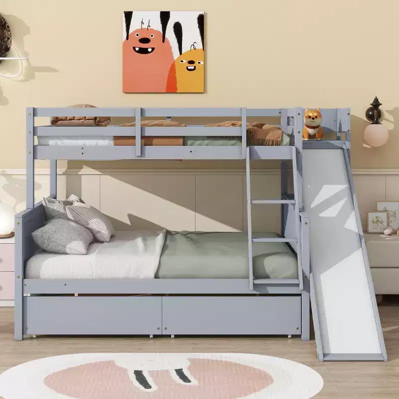Bellemave Twin over Full Bunk Bed with 2 DrawersSlide, Rubber Wood Bunk Bed with Shelves Ladder,Space-SavingBox Spring Not Required