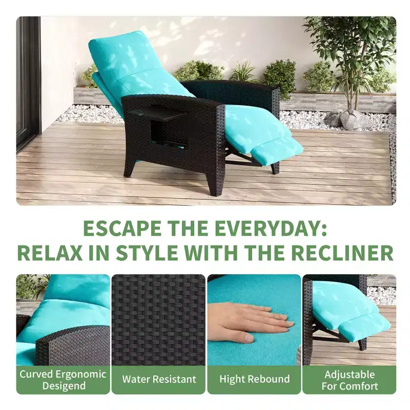 Wicker Recliner Chair with Adjustable Back & Footrest,150 Lay Flat Rattan Reclining Patio Chair with Extendable Side Table & Air Pump
