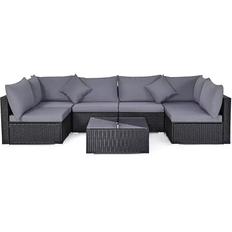 Costway 7PCS Patio Rattan Sofa Set Sectional Conversation Furniture Set Garden Beige/Navy/Gray