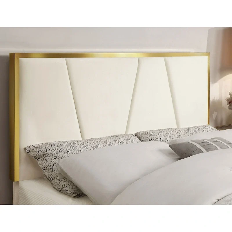 Upholstered Platform Bed – Beige, Tufted Headboard, Gold-Tone Accents, Glam Style, Full / Queen / King