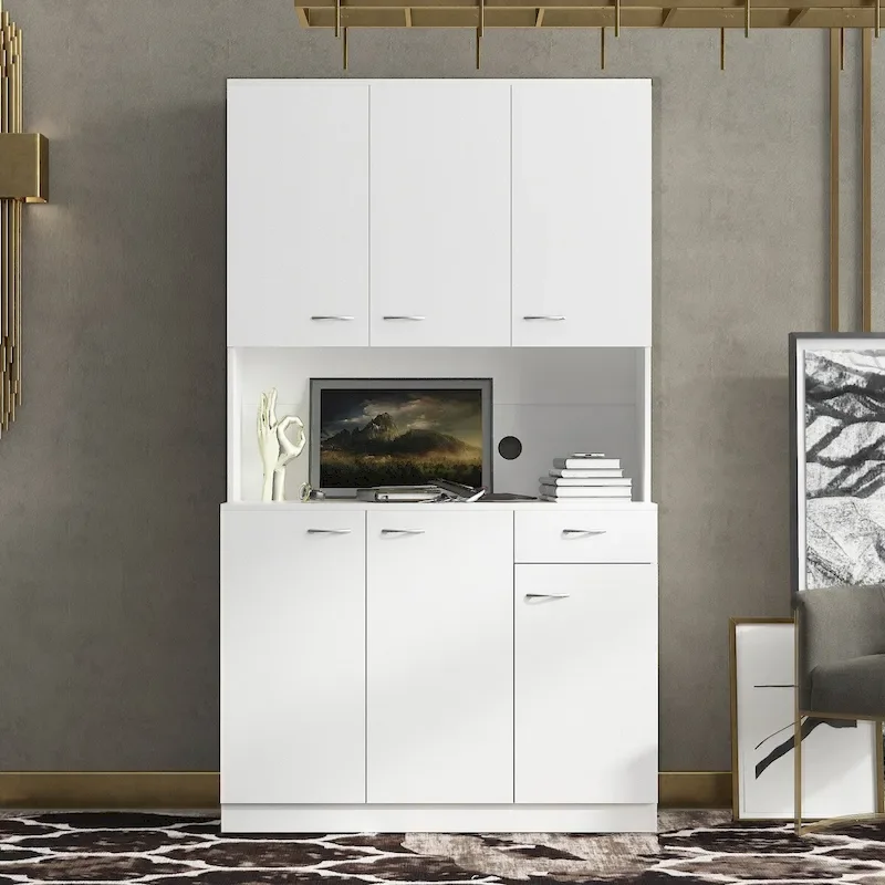 Rustic Farmhouse Tall Wardrobe, Armoire with Shelves, Open Compartment and Drawer, Freestanding Storage Closet Wardrobe Cabinet