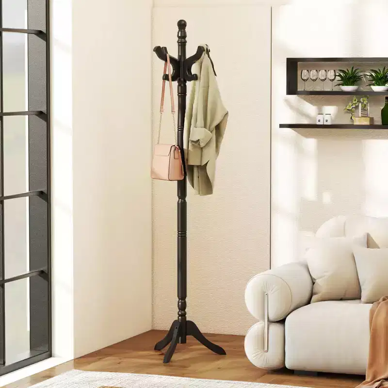 Solid Rubber Wood Coat Rack with 3 Adjustable Heights and 11 Hooks for Hallway Black/Brown/Natural