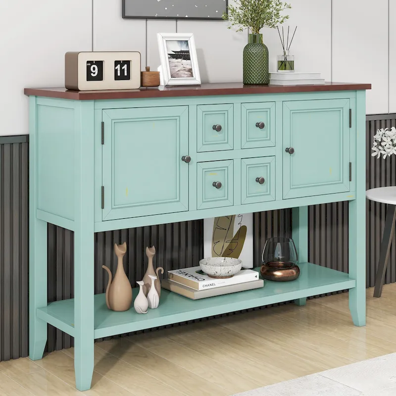 Retro Sideboard Console Table with Drawers and Bottom Shelf