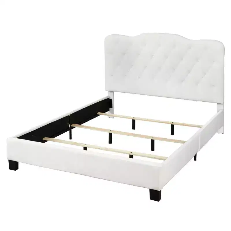 Buylateral Queen Tessa Upholstered Velvet Bed White: Camel-Back Headboard, No Box Spring Required